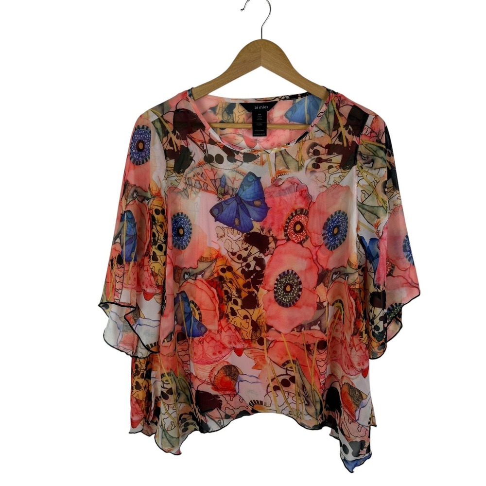 Ali Miles Floral Butterfly Sheer Blouse Size MP 2pc Set Artsy Colorful Whimsical